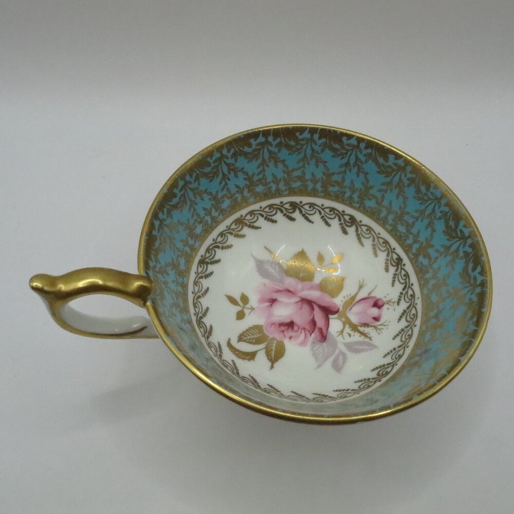 Aynsley Orphan Teacup Pink Cabbage Rose #2539 Turquoise Gold White Bone China